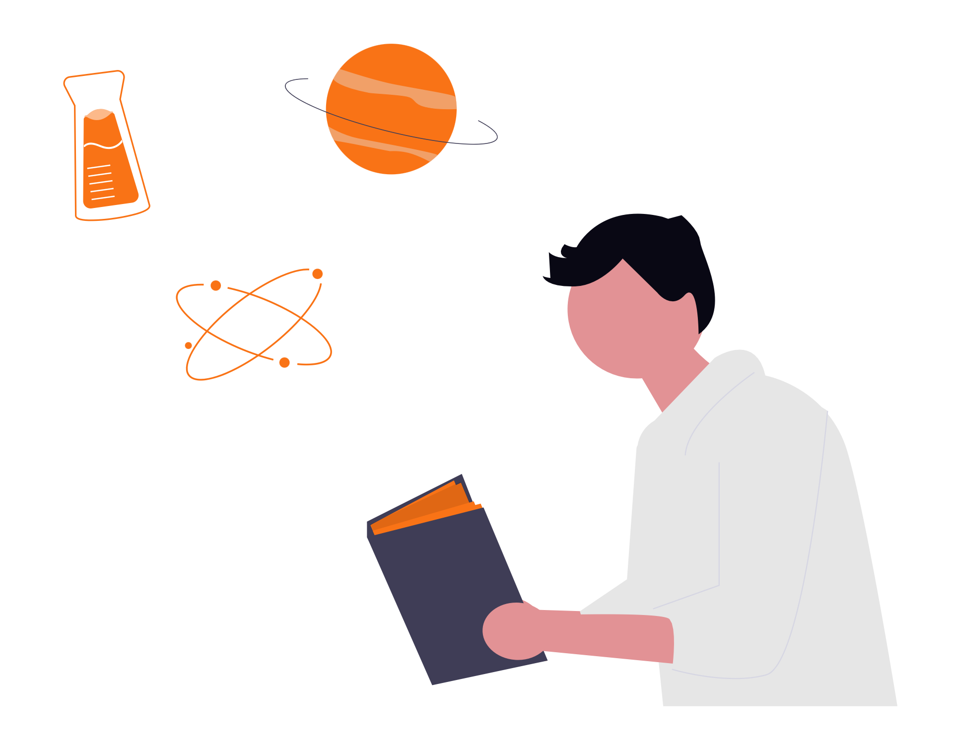 A student exploring science — beaker, atom diagram and planet orbit floating around them